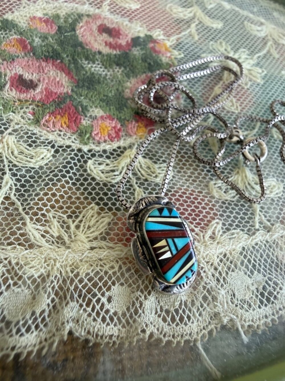 Vintage 70s Zuni Inlaid Gemstone Pendant Necklace Sterling Silver - Picture 16 of 16